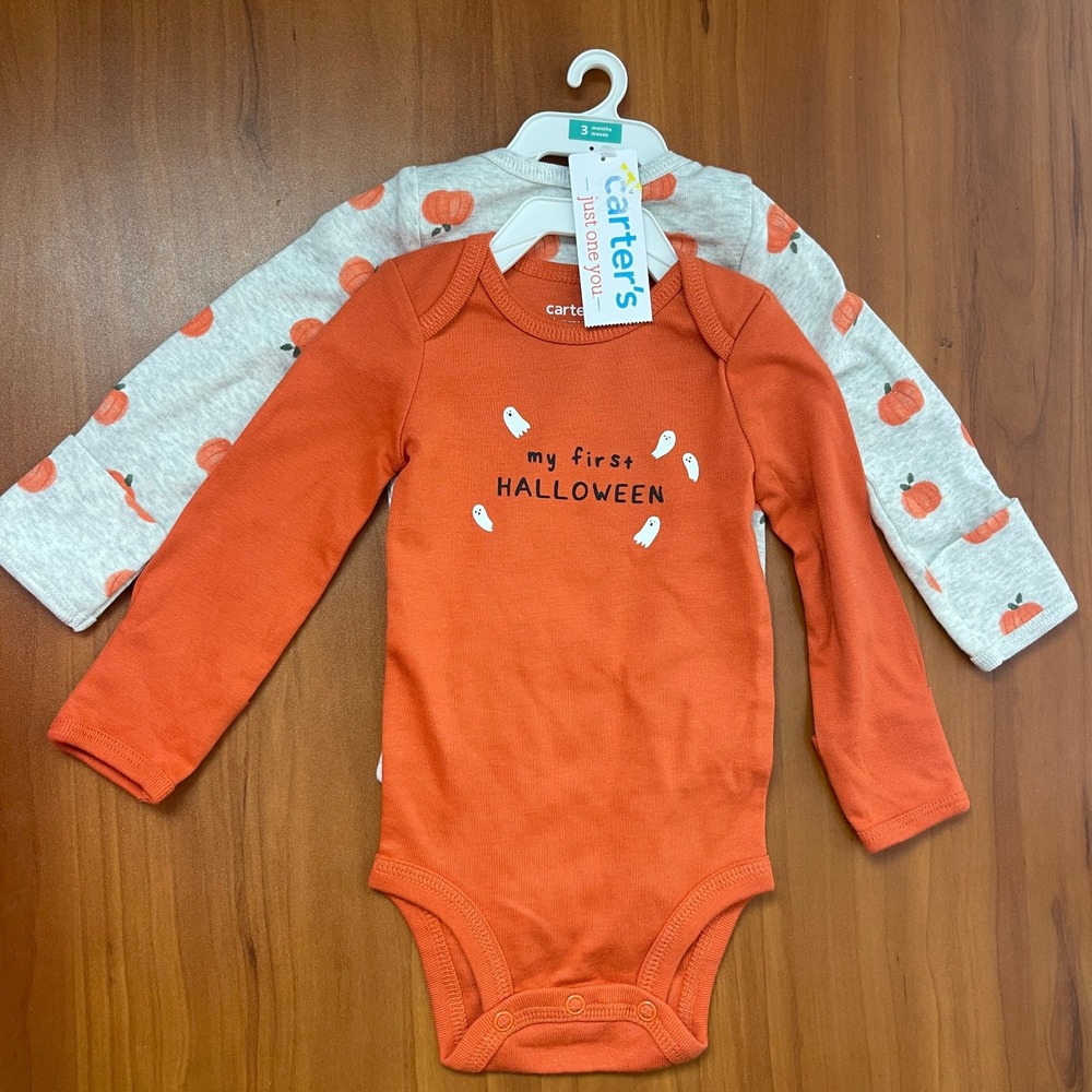 Lot of 2 Carters Just One You 3M My First Halloween Pumpkin Bodysuit Orange Grey